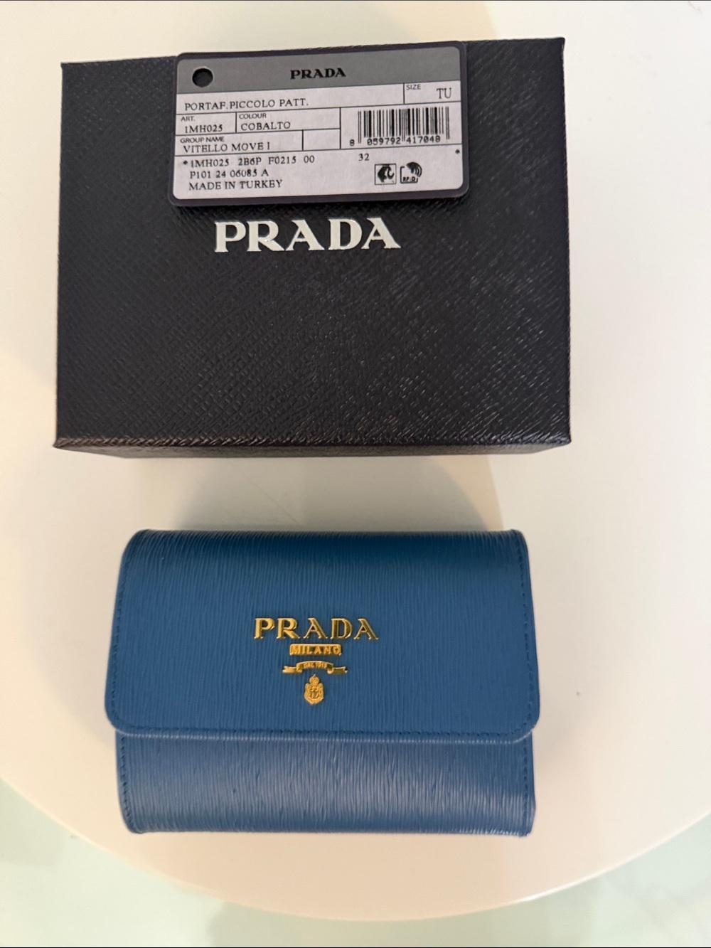 Authentic Prada Cobalto Saffiano Leather Small Wallet with Gold Logo